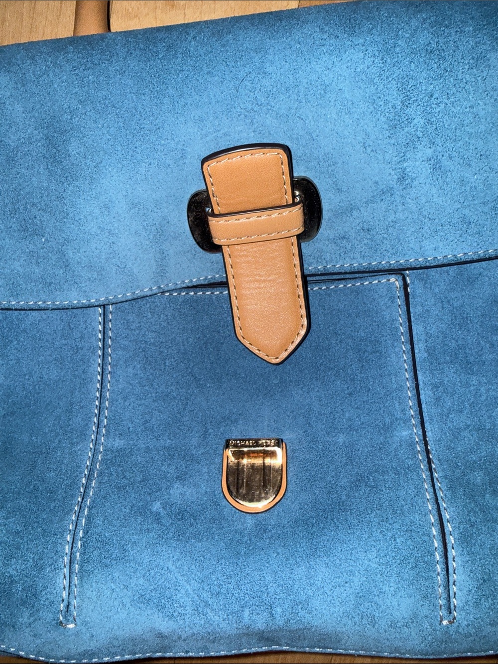 Michael Kors Romy Blue Suede Satchel with Tan Leather Trim and Strap - Picture 2 of 8